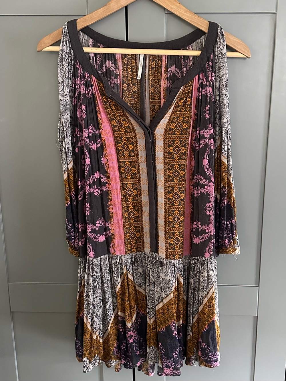 Free People Multicolor Floral Stripe Cold-Shoulder Tunic